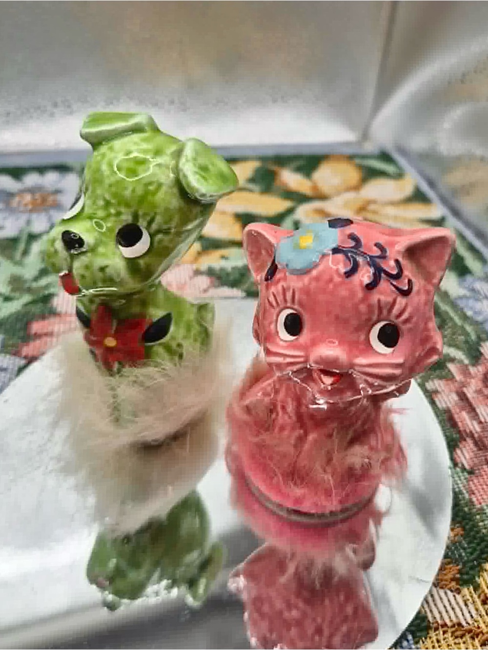 Vintage MCM RARE Dog & Cat Figurine with Fur - Kitschy Anthropomorphic Pair